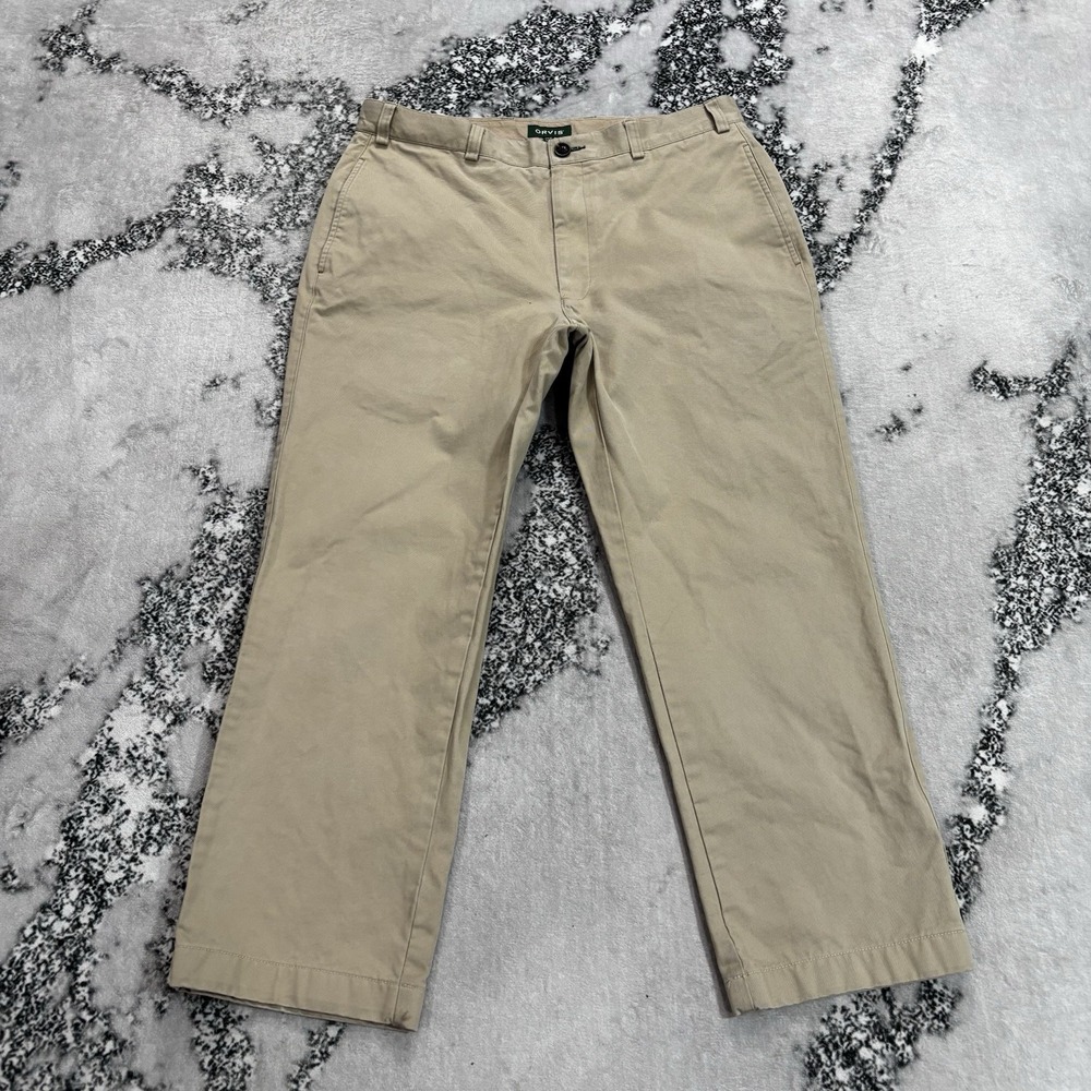 Orvis Mens Khaki Chino Pants Size 36W 32L Flat Front Straight Leg Casual Classic